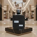 Lattafa ramz silver edp men's fragrance in black sleek modern mall setting display closeup