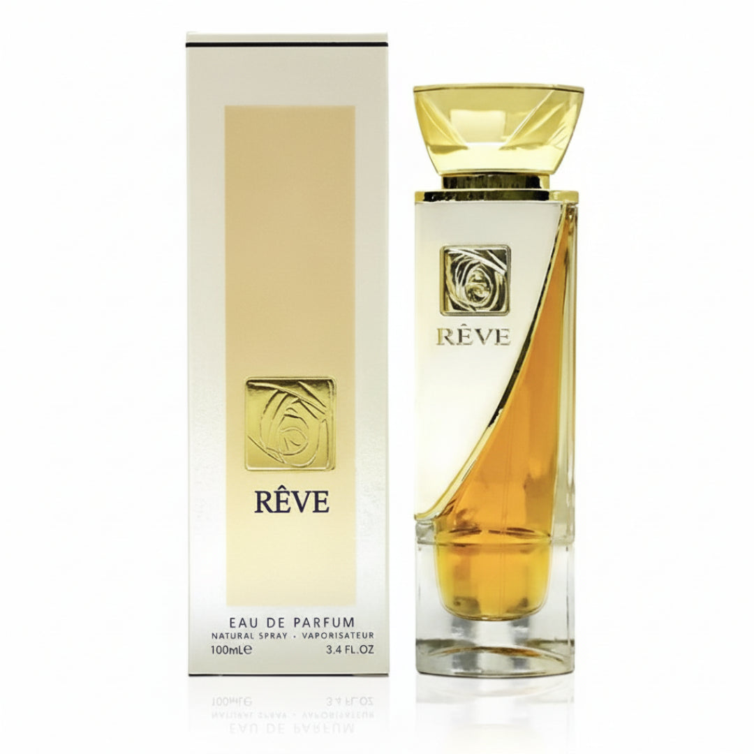 Reve Rose Vurv Lattafa edp glassy gold cap clear liquid elegant packaging closeup