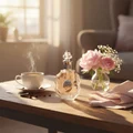 Lattafa Rouat Al Musk perfume glass bottle on wooden table with flowers and coffee