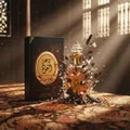 Lattafa rouat al oud unisex edp bottles in explosion on carpeted floor malaysia closeup side