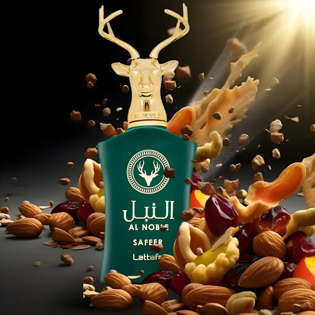 Lattafa Safeer edp surrounded by nuts dried fruits golden deer head cap dark background closeup view