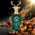 Lattafa Safeer edp surrounded by nuts dried fruits golden deer head cap dark background closeup view
