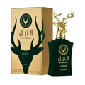 Lattafa Safeer Al Noble green perfumery packaging with deer head gold accents closeup view front box