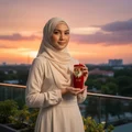 Woman in hijab holding Sakeena Lattafa edp women fragrance at sunset outdoor setting Malaysia