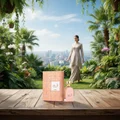 Shahd Lattafa perfume on wooden table garden setting lady walking towards city view skyline