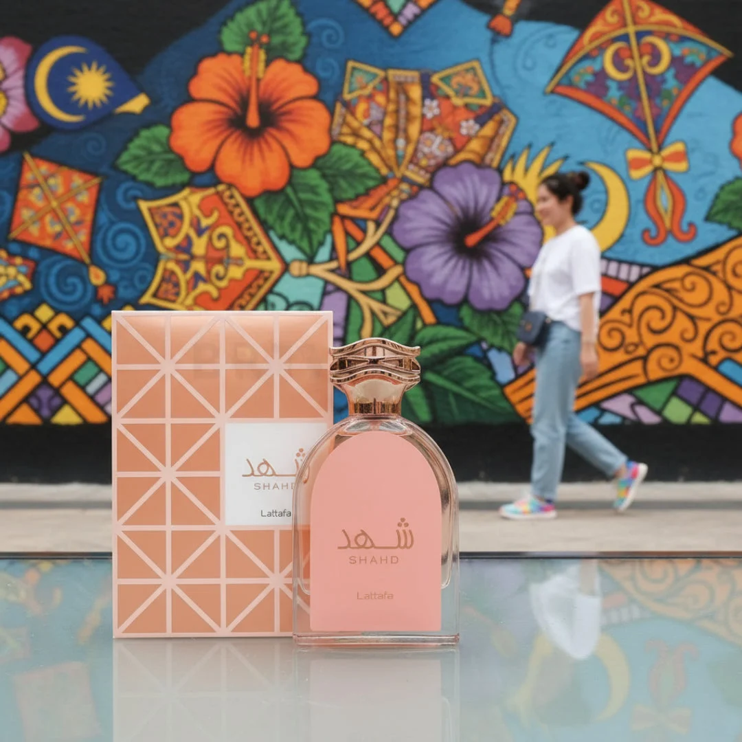 Shahd Lattafa perfume pink glass bottle on table colourful mural background walking woman behind