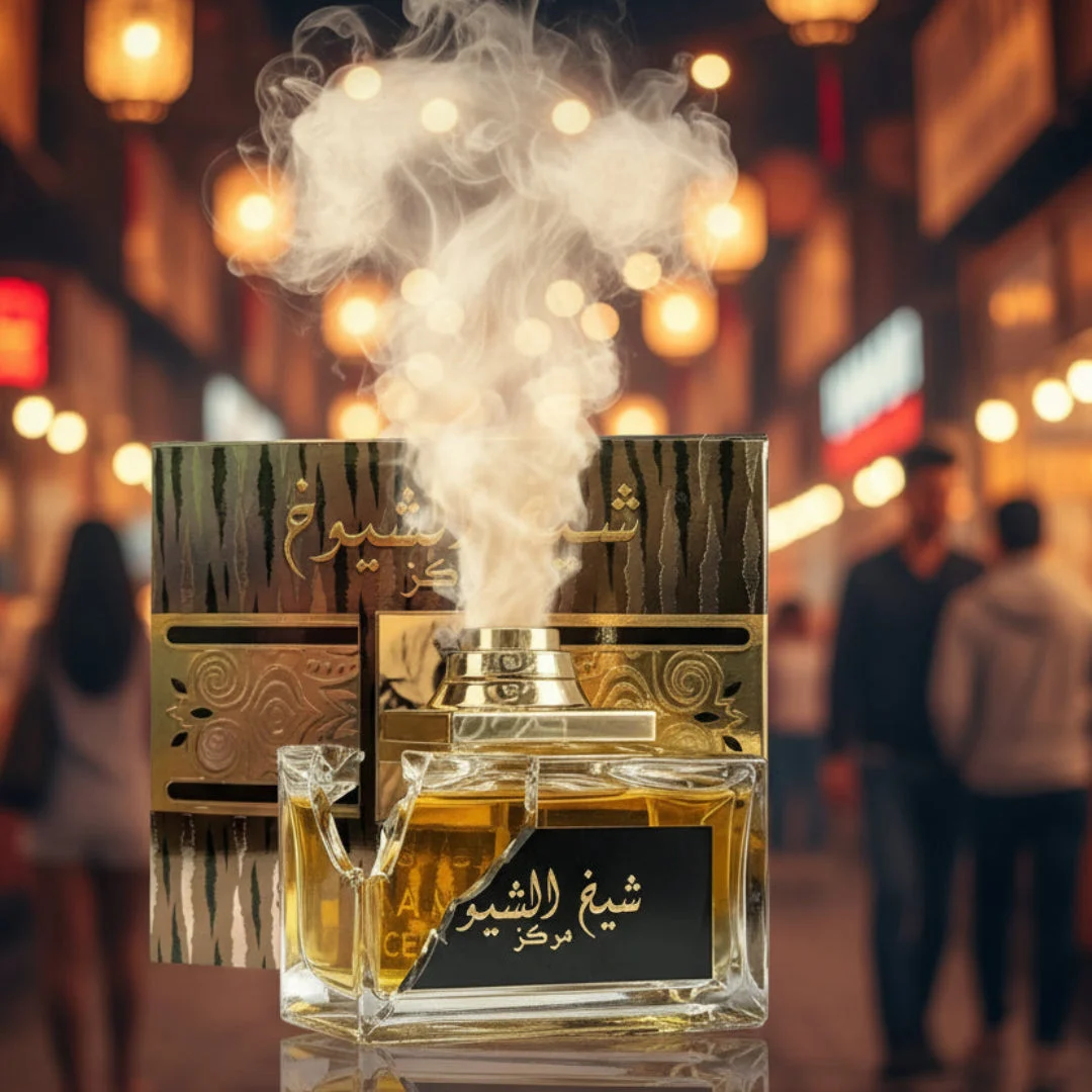 Lattafa Sheikh Al Shuyukh Concentrated perfume oil in glass square shaped amber coloured bottle closeup