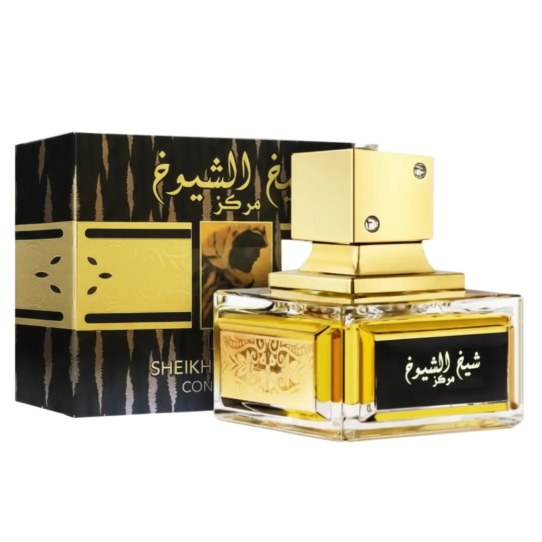 Lattafa sheikh al shuykh concentrated perfumed oil in golden glass square shaped bottles next black