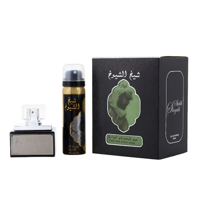 Lattafa sheikh al shuyukh edp men fragrance set in black packaging on white background closeup