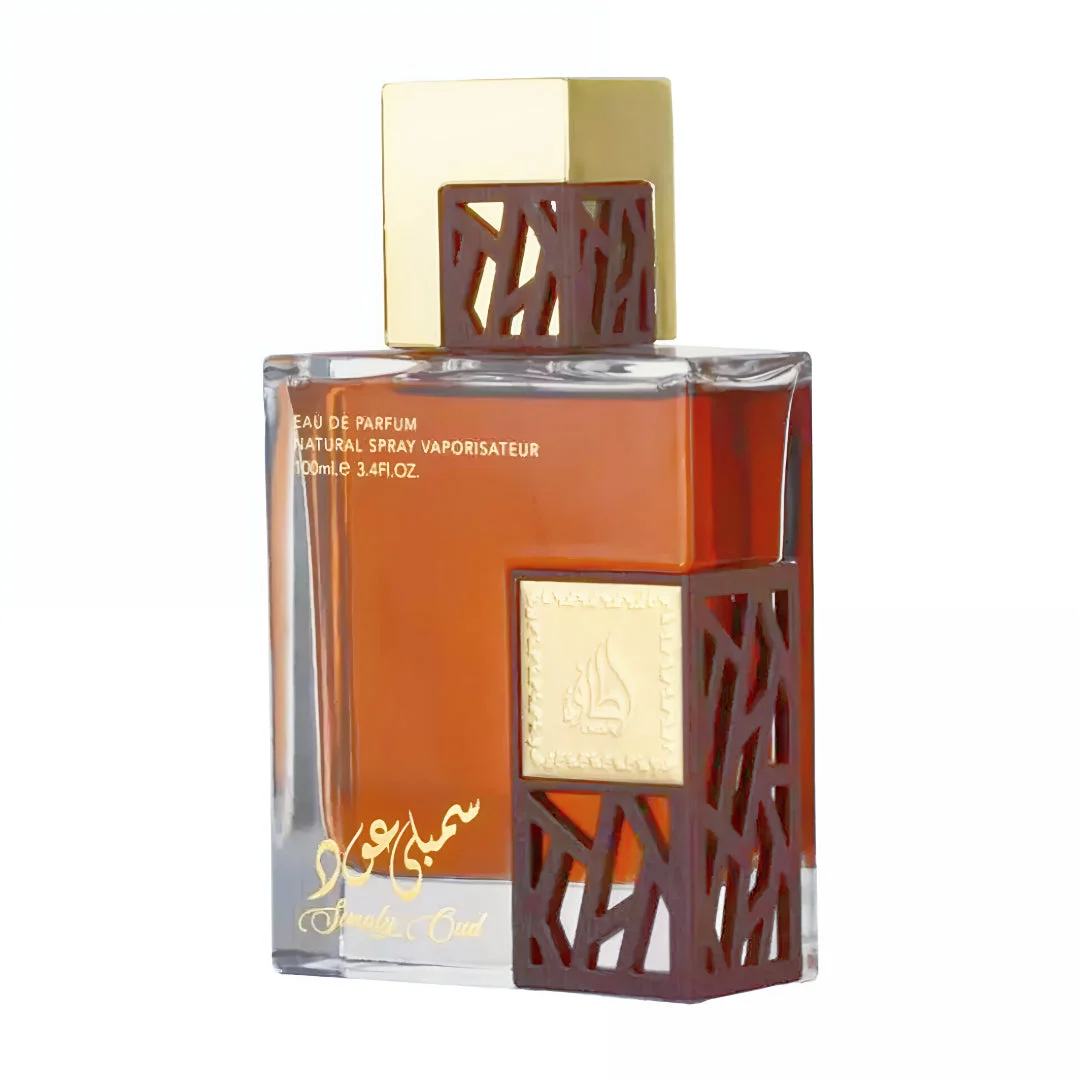 Lattafa simply oud edp men's fragrance in clear glass orange liquid gold cap brown design