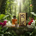 Lattafa simply oud edp fragrance in tropical garden setting on rock moss surrounded flowers