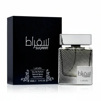 Suqraat Lattafa edp men silver textured glass fragrance black packaging white background closeup