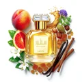 Sutoor Lattafa perfume surrounded vanilla fruits flowers white background closeup view bottle