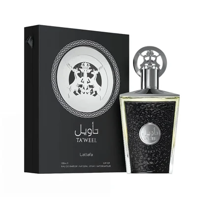 Taweel Lattafa unisex edp perfume bottle and box black silver elegant on white clean