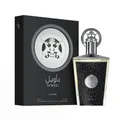 Taweel Lattafa unisex edp perfume bottle and box black silver elegant on white clean