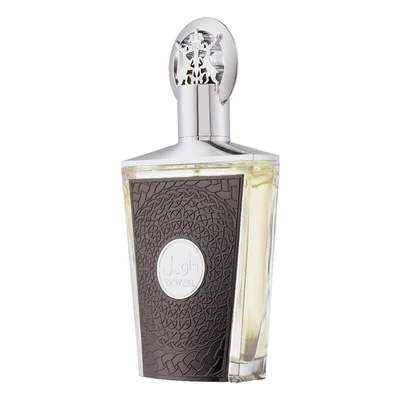 Taweel Lattafa unisex edp perfume sleek glass dark grey ornate silver cap upright closeup