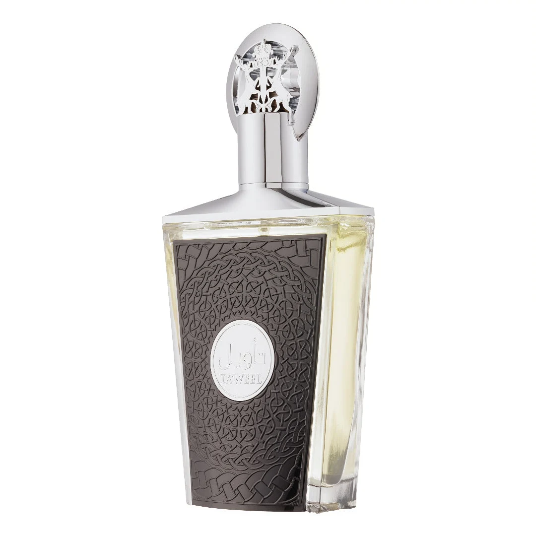 Taweel Lattafa unisex edp perfume sleek glass dark grey ornate silver cap upright closeup
