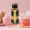 Teriaq Intense Lattafa eau de parfum bottle surrounded pink macarons fruit candies cinnamon sticks rose petals