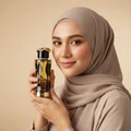 Woman in hijab holding Teriaq Intense Lattafa eau de parfum gold brown glass elegant closeup portrait