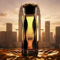 Teriaq Intense Lattafa eau de parfum glass amber liquid gold cityscape background sunset Malaysia KLCC