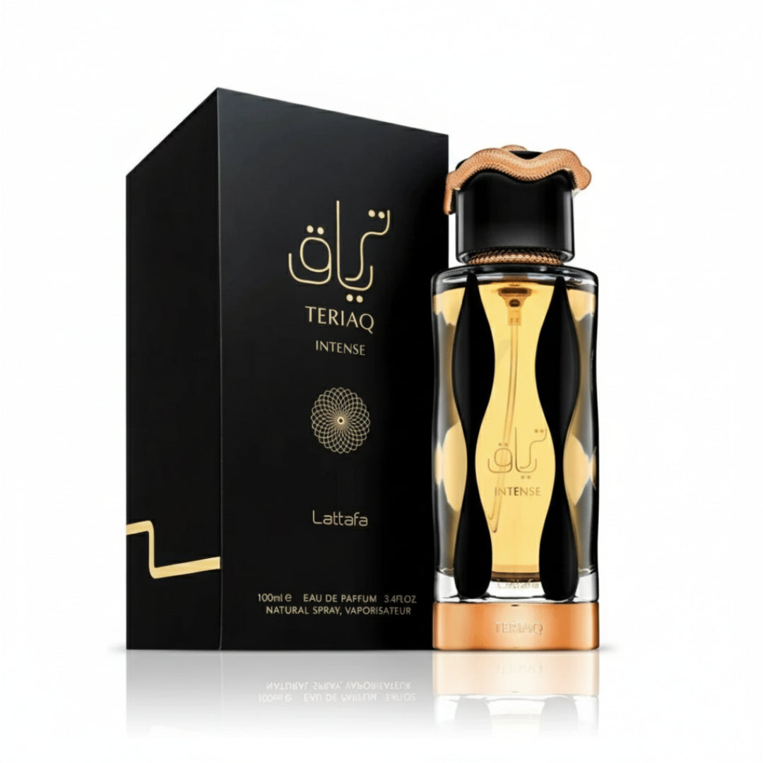 Teriaq Intense Lattafa eau de parfum botol kaca hitam emas, kotak classy