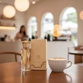 Teriaq Lattafa unisex edp on table next coffee cup cafe setting closeup view