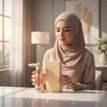 Woman in hijab holding Teriaq Lattafa unisex edp fragrance packaging on table closeup