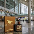 Qaed Al Fursan Untamed Lattafa edp on marble table airport terminal hall setting