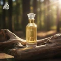 Lattafa Velvet oud unisex transparent glass bottle on wood outdoors golden light forest background closeup view side perspective
