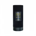 Lattafa Velvet oud perfume black cylindrical packaging gold lettering on label closeup view front side profile low