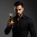 Man in black shirt holding Lattafa Velvet Oud gold unisex perfume bottle closeup grey background side