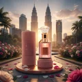 Velvet Rose Lattafa unisex fragrance pink glass beside cylindrical packaging Malaysia cityscape flowers