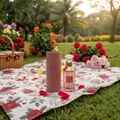 Velvet Rose Lattafa unisex fragrance on floral blanket outdoor picnic setting garden flowers green grass