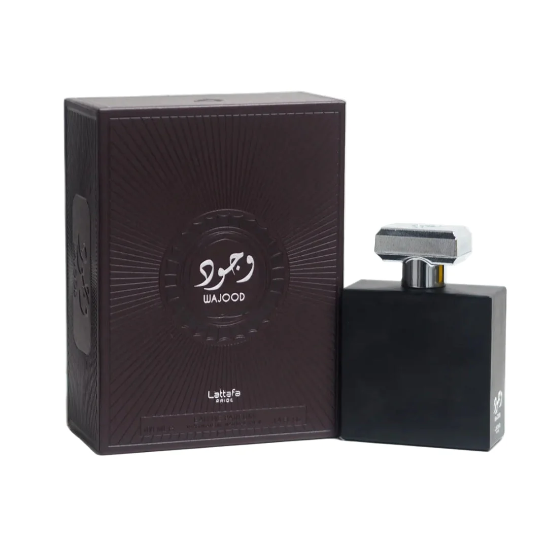 Wajood Lattafa eau de parfum black bottle brown box minimalist white clean dark matte sleek