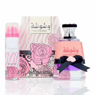 Lattafa perfumed spray and eau de parfum Washwasha in pink floral packaging together side view