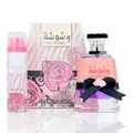 Lattafa perfumed spray and eau de parfum Washwasha in pink floral packaging together side view