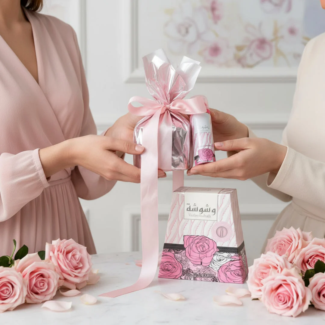 Woman holding Washwasha Lattafa perfume gift set wrapped pink ribbon surrounded roses on table