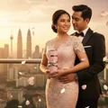 Couple in formal wear holding Yara Lattafa edp on rooftop overlooking cityscape at sunset surrounded