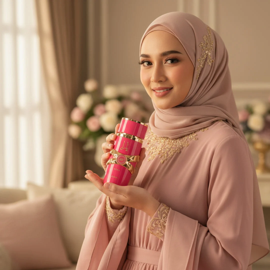 Woman in hijab holding Yara Candy Lattafa pink eau de parfum spray elegantly smiling indoors closeup