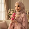 Woman in hijab holding Yara Candy Lattafa pink eau de parfum spray elegantly smiling indoors closeup