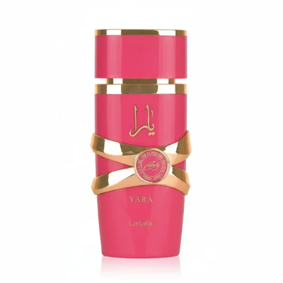 Yara Candy Lattafa edp women pink fragrance spray white background closeup view front side