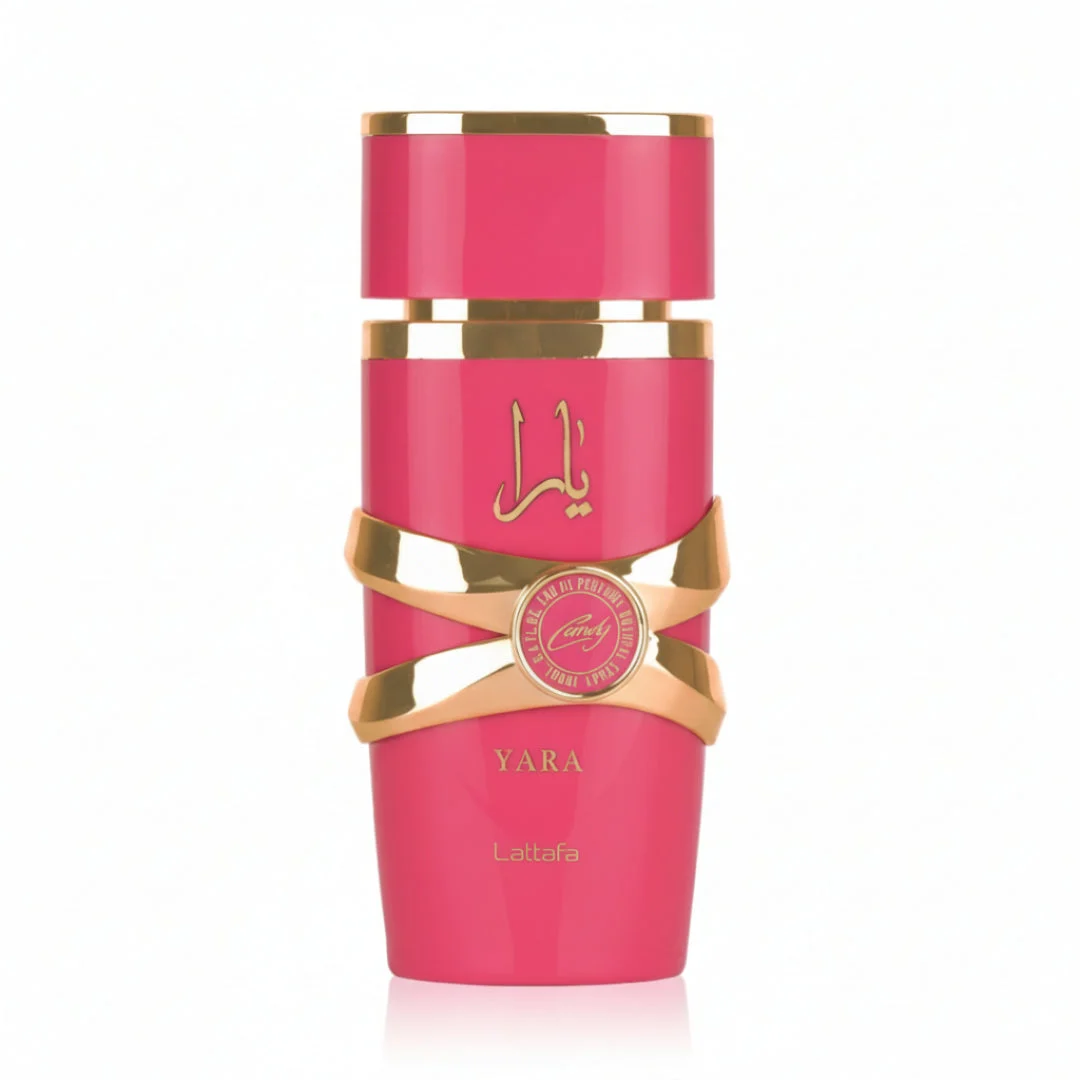 Yara Candy Lattafa edp women pink fragrance spray white background closeup view front side
