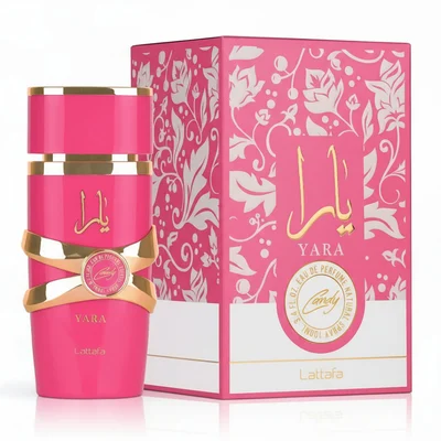 Yara Candy Lattafa pink perfume bottle and box facing front white background