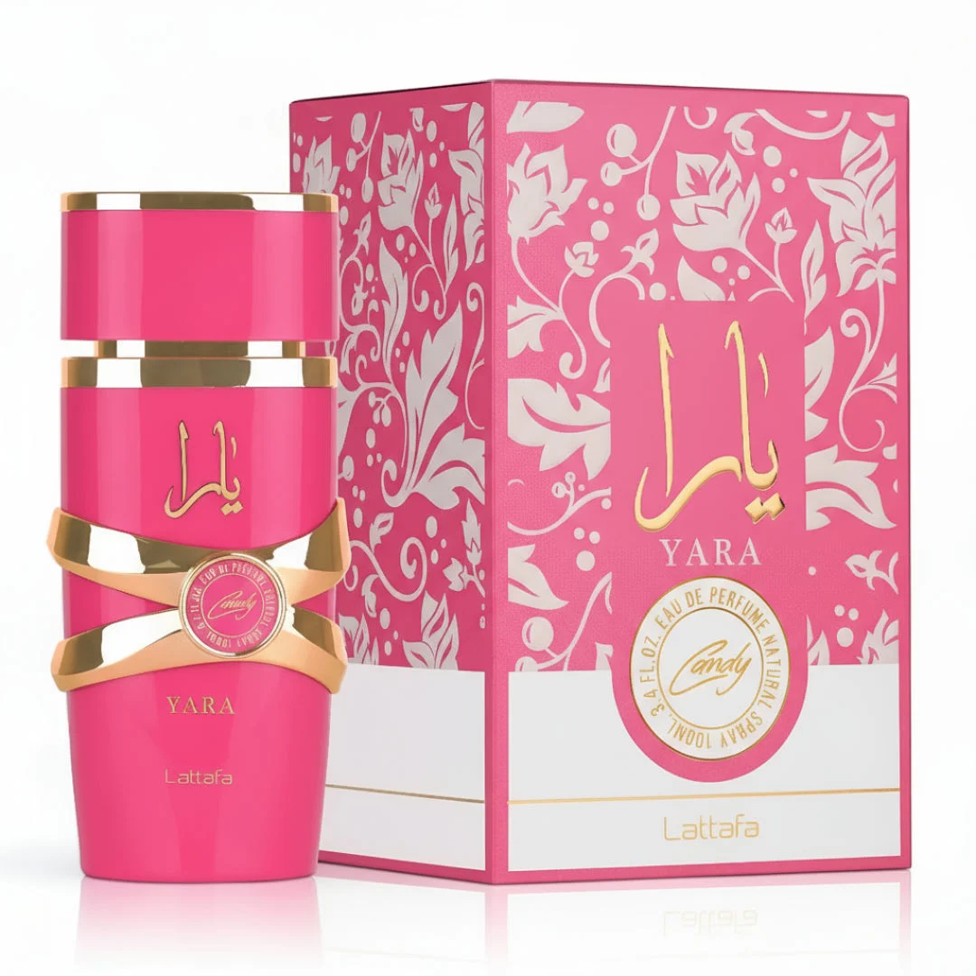 Yara Candy Lattafa pink perfume bottle and box facing front white background