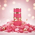 Yara Candy Lattafa pink perfume bottles surrounded candies gold accents bokeh background closeup