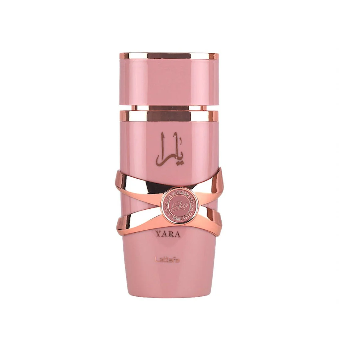 Yara Elixir Lattafa pink fragrance eau de parfum edp sleek cylindrical rose gold packaging
