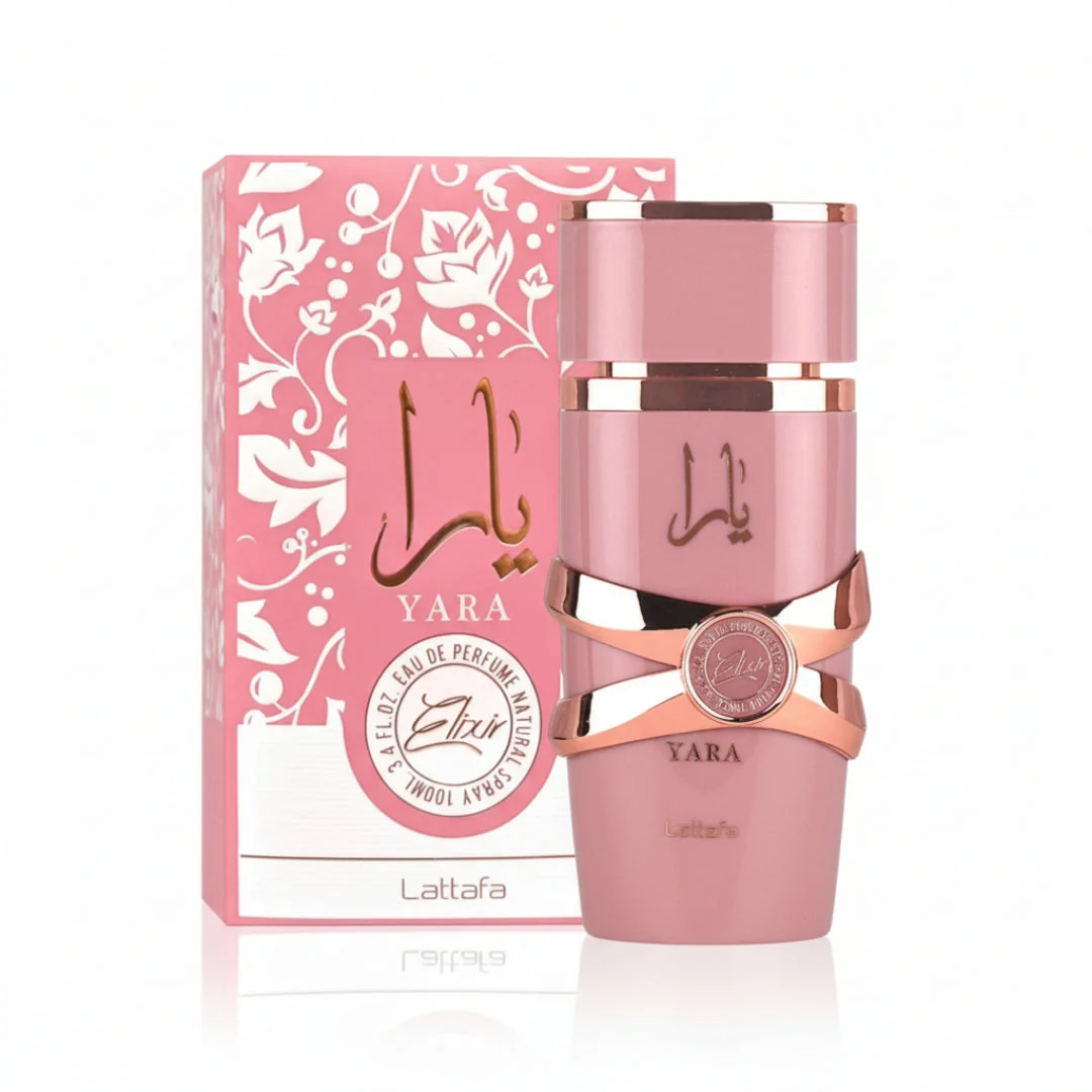 Yara Elixir Lattafa pink fragrance eau de parfum spray decorative setting