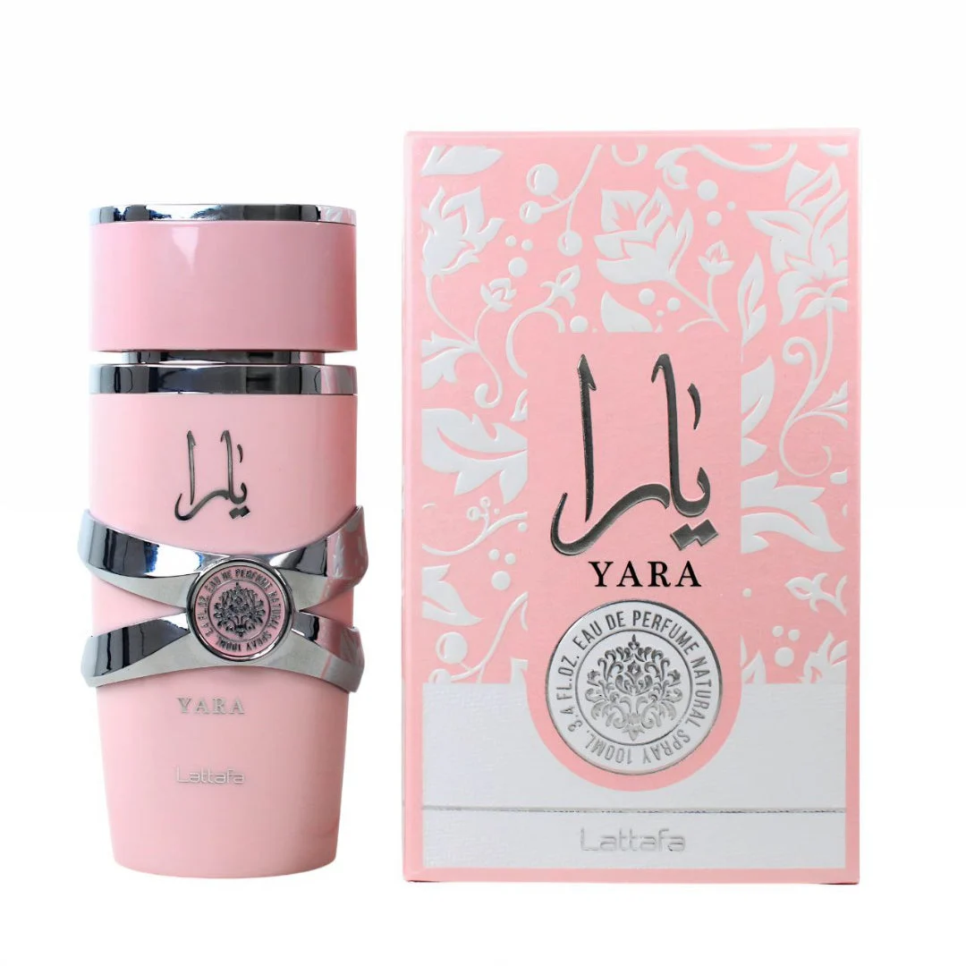 Yara Lattafa edp women pink sleek cylindrical glass spray bottle next pink packaging