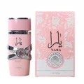 Yara Lattafa edp women pink sleek cylindrical glass spray bottle next pink packaging