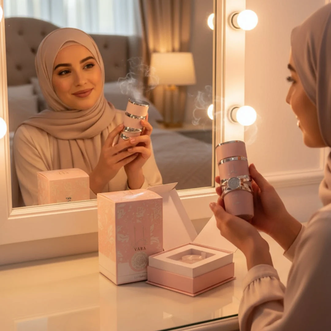 Woman in hijab holding Yara Lattafa edp spray near mirror reflection close up side view